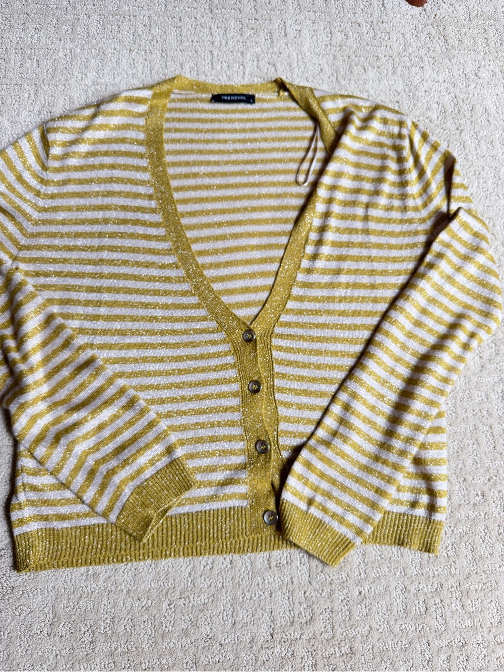 Striped V-Neck Cardigan Sweater - Yellow/Cream
